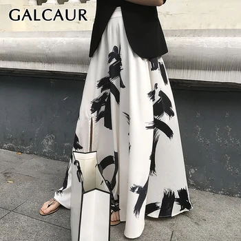 

GALCAUR Print Hit Color Skirt For Women High Waist Side Split Ankle Length A Line Skirts Female 2020 Fashion Autumn New Tide