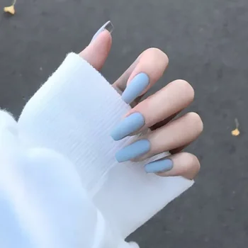 Tanie 24pcs/box Mid-length Square Head Fashion Trend Design Fake Nails Blue Pure Color Matte Frosted Ballet Wearable Nails Tips Glue