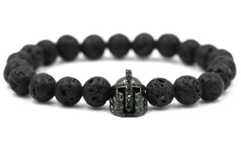 10mm uyf432 elastic adjusted nature black stone volcanic lava bead micro pave Spartan helmet cz cubic zirconia Bracelet | Украшения и