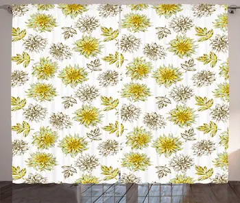 

White Fawn Floral Curtains Detailed Image Dahlia Flowers Leaves Continuous Pattern Bedroom Window Drapes