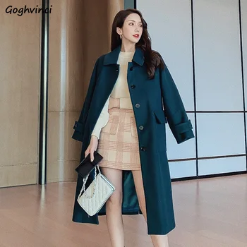 

Women Coats Single Breasted All Match Solid Simple Womens Korean Coat Plus Size Ladies Elegant Black Long Wool High Quality Chic