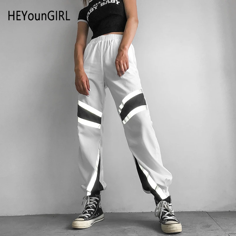 HEYounGIRL Лоскутные Светоотражающие тренировочные женские брюки белые свободные брюки Капри мешковатые хип хоп Harajuku женские брюки уличные