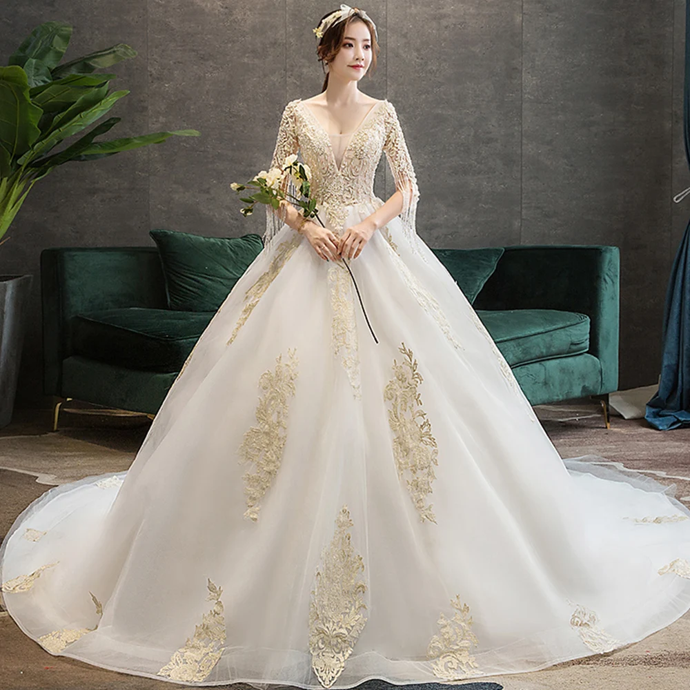 На заказ бальное платье принцессы свадебное платье Vestido De Noiva Princesa с v-образным вырезом на шнуровке Золотое вечернее платье с вышивкой бисером элегантное