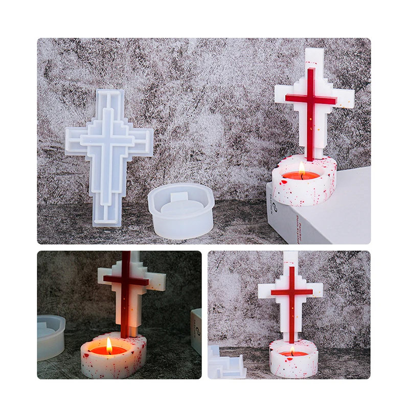 

DIY Crystal Epoxy Resin Mold Candle Holder Cross Aromatherapy Candle Tray Mirror Silicone Mold for Halloween Home Decoration