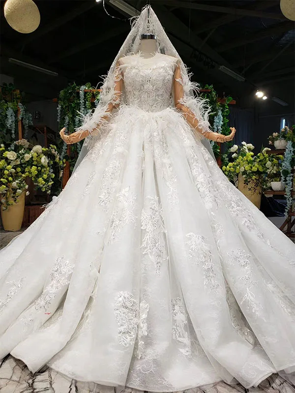 HTL986 роскошное Тюлевое свадебное платье с перьями и круглым вырезом, иллюзия сзади, длинные рукава, свадебные платья, настоящая фотография, vestido de noiva - Цвет: as picture