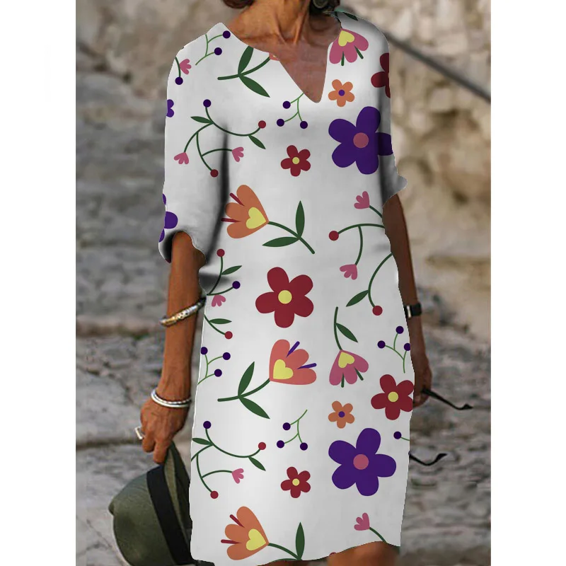 Half Sleeved V Neck Printed Loose Dress Women's Fashion Casual Vintage Spring Autumn All-match Plus Size Beach Dresses Vestidos