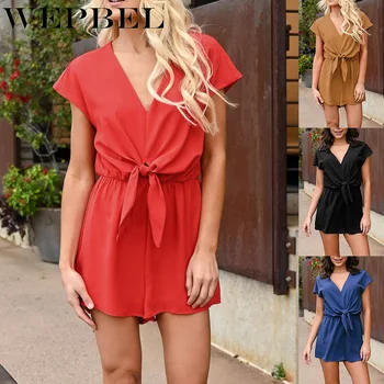 

WEPBEL Summer Ladies Sexy Short Sleeve High Waist Casual Jumpsuit Deep V Neck Shorts Rompers Womens Jumpsuits