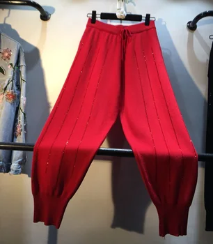 

Knitted Pants for Women Spring Summer European New Style Industrial Vertical Stripe Hot Drilling High Waist Loose Pants Trousers