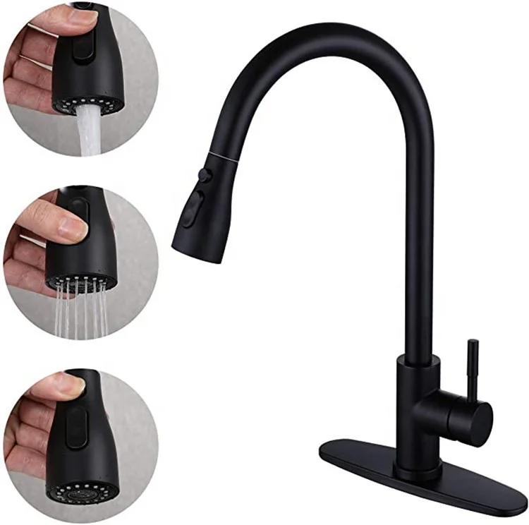 Hot Sale Deck Mounted SUS304 Stainless Steel Single Handle Pull Out Down Mixer Taps Sink Black Kitchen Faucet