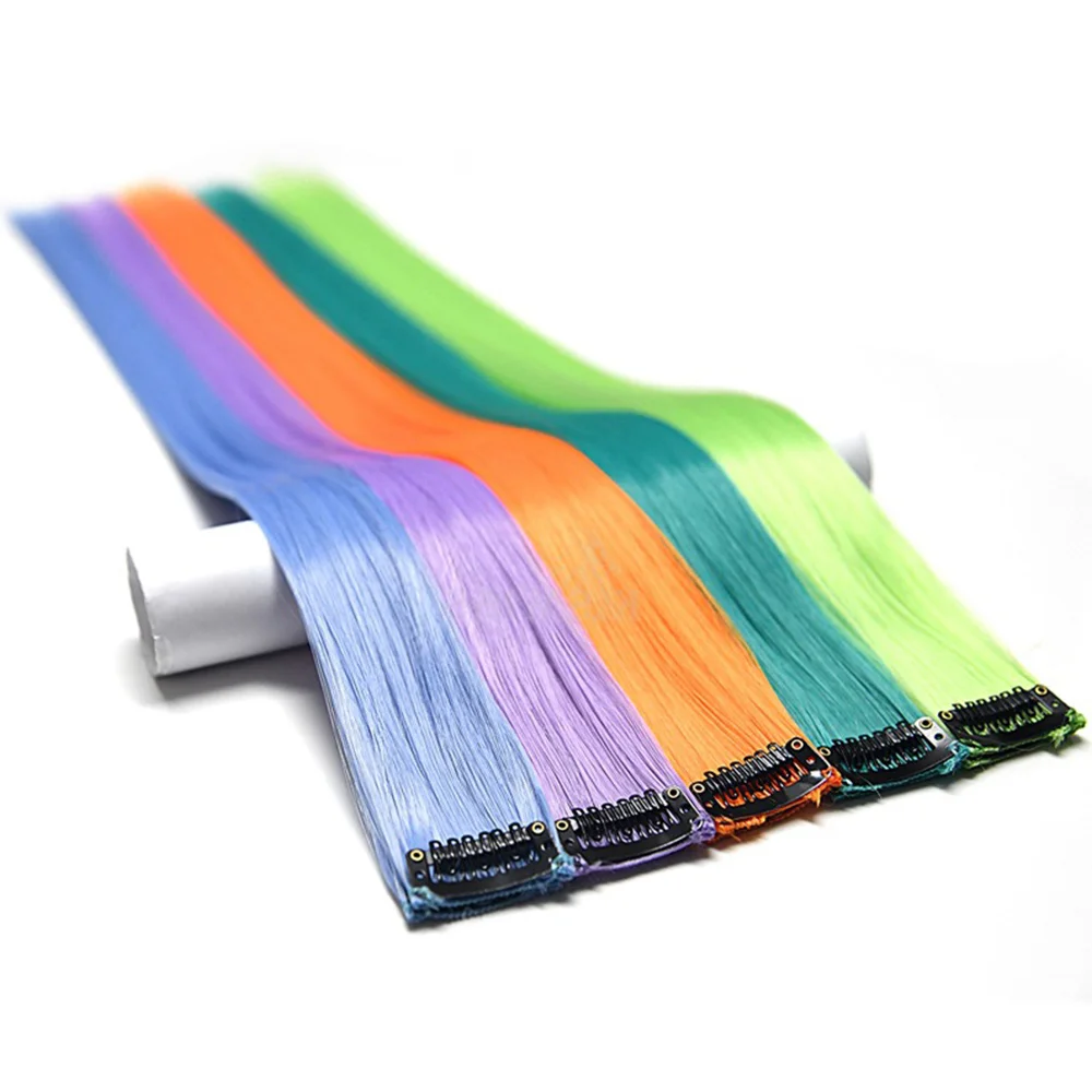 AIYEE Hair Extensions Pure RainBow Hairpiece Clip In Hair Piece Synthetic Long Straight Ombre Pink Red Rainbow Hair Piece