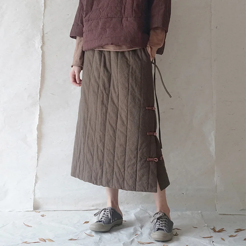SCUWLINEN 2021 Winter Women Skirts Vintage Solid Plate Buttons Elastic Waist Loose Zen Cotton Padded Skirt P316 | Женская одежда