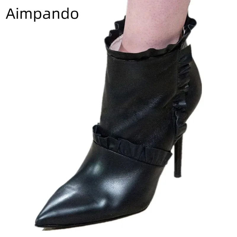 

Sweet Rufflers Boots Women High Gladiator Heel Party Shoes Point Toe Back Zipper Bottes Black Genuine Leather Boots Woman Mujer