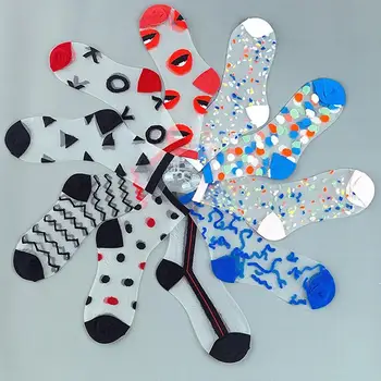 

Spring Summer Ultra-thin Glass filament Socks Woman Printing Dots Korean Style Silk Socks Cute Stripe Transparent Socks