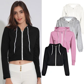 

Autumn Women Sweatshirt Crop Tops Zip up Hooded Sweatshirt Cool Short Streetwear Fashion Ladies Long Sleeve Cropped Hoodies
