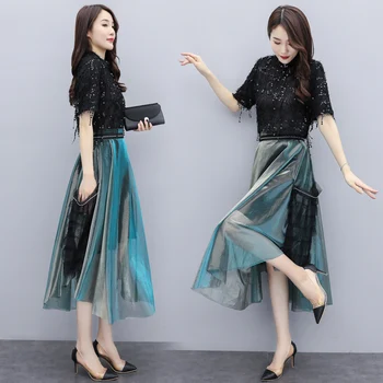 

Summer Autumn Stylish Women Bling Bling Sequined Tassels Pullover Top and Long Skirt One Set