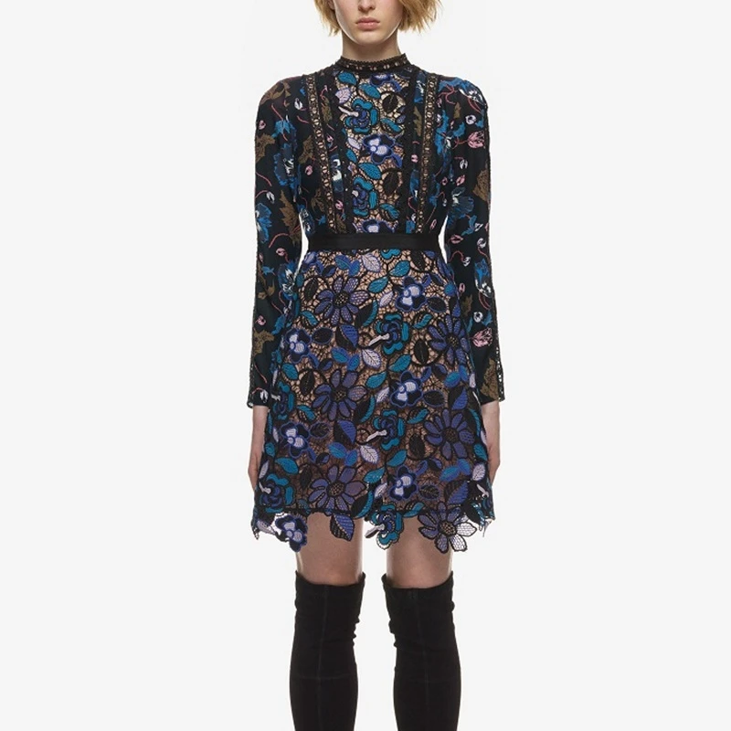 

Women Lace Party Dress 2019 Autumn Winter Runway Vintage Sukienki Lace Patchwork Chiffon Long Sleeve Self Portrait Dress