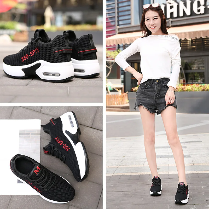 

Spring Thick Bottomed Elevator Low-Cut Lettered Ultra-Women's Breathable High Heels Anti-slip Black And White with Pattern Mesh