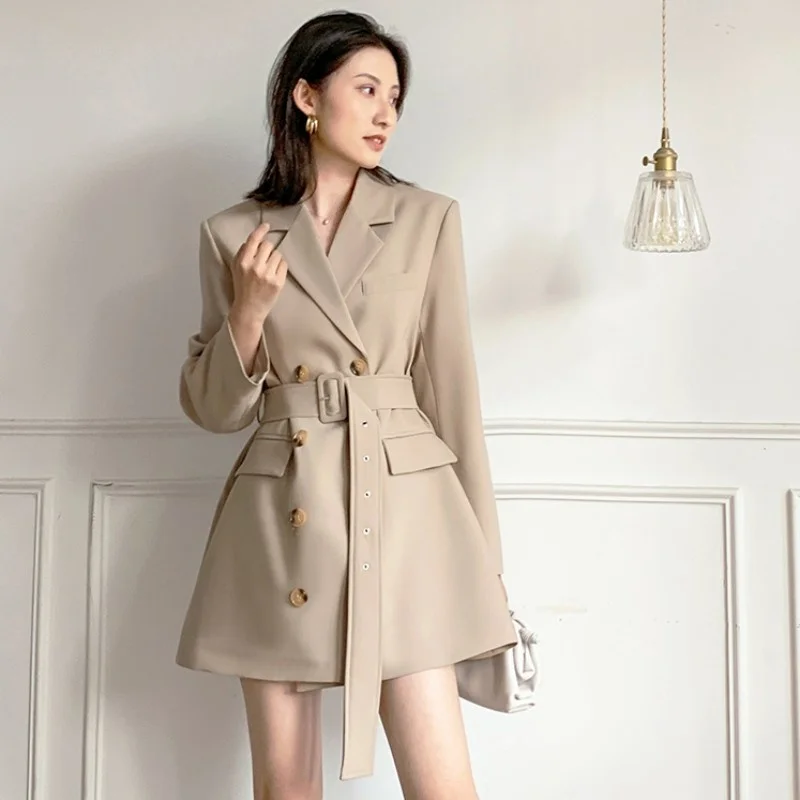 

Suit Women Jacket Double Breasted Office Lady Elegant Khaki Blazer Coat Sashes TurnDown Collar Long Sleeve Autumn Casual Blazers