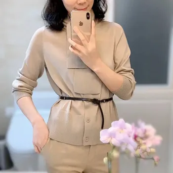 

Scarf Collar Solid Color Knit Cardigan Lace-up Single Breasted Long Sleeve Wool Knitwear Sweater Coat Female Clothes