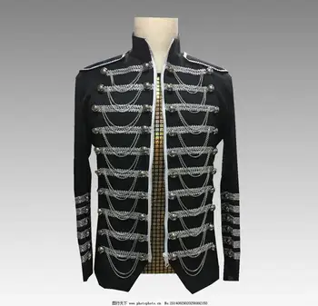 

Chain Button Men's Black Zipper Blazer Coats Large Size Male Nightclub Prom Suit Jacket Men's Chorus Stage Performance Costumes