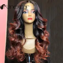 Aliexpress - Unextar Red Brown Highlight Natural Lace Human Hair Wigs 13×4 Pre Plucked Brazilian Hair Lace  Wigs Ombre Wavy 180% Wigs