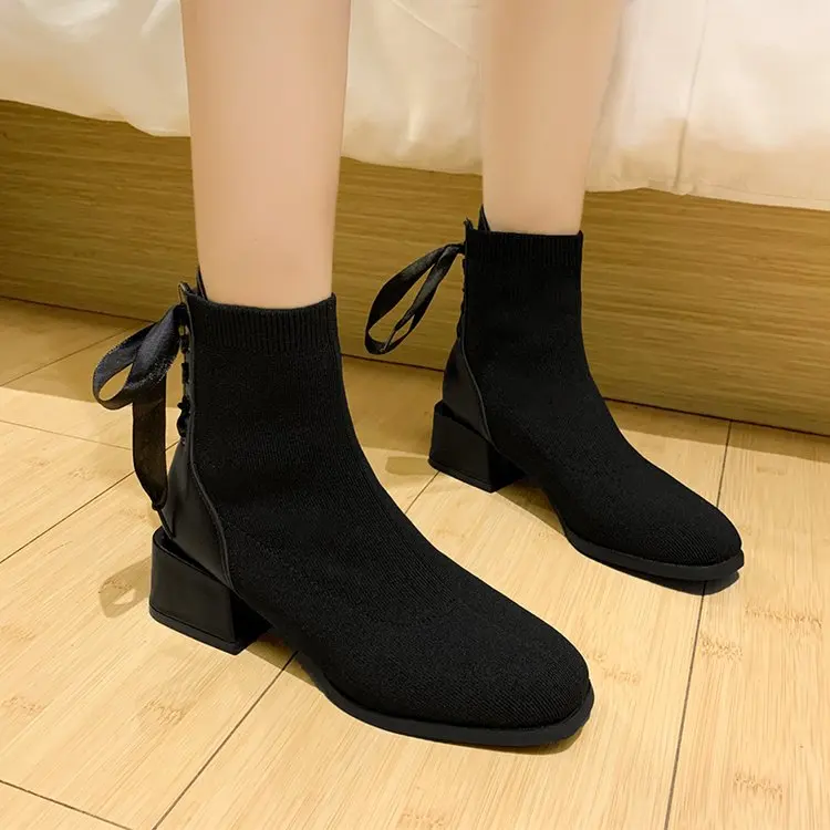 Women's Black Thick Mid Heel Short Ankle Boots Fashion Cute Sweet Bow Tie Solid Color Knit Socks Boots Casual Shoes New Listing