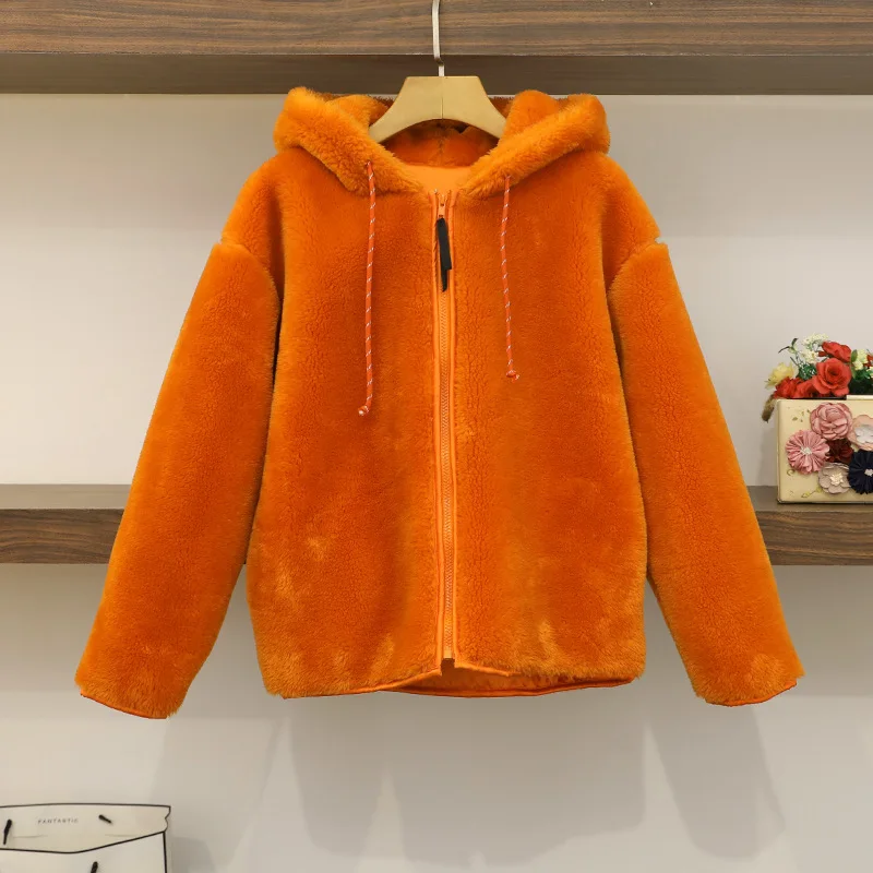 

Autumn and Winter 2019 Orange Hood Zipper Plush Loose Women's Short Jacket Wide-waisted Zipper Women Jackets and Coats