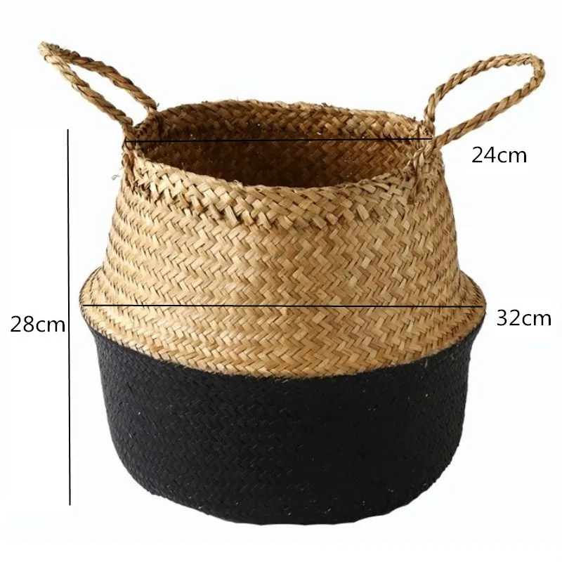 Garden Plant Flower Pot Handmade Rattan Storage Basket Foldable Seagrass Straw Hanging Woven Handle Toy Storage Container 1Pc