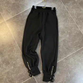 

Elastic Waist Closing Zipper Harem Pants Women 2020 Spring Summer New Button Decoration Tooling Casual Pants