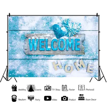 

Laeacco Winter Snow Blue Wooden Board Home Party New Year Decor Pattern Photographic Background Photo Backdrop Photo Studio