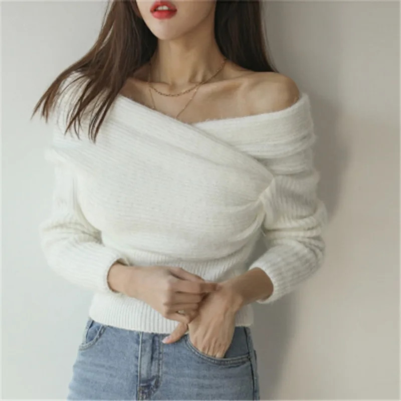 

Autumn Cross Simple Solid Elegant Sweater for Ladies Simpe Chic Design Ins Korean Style V-neck Sexy Sweatershirt 2020 Winter