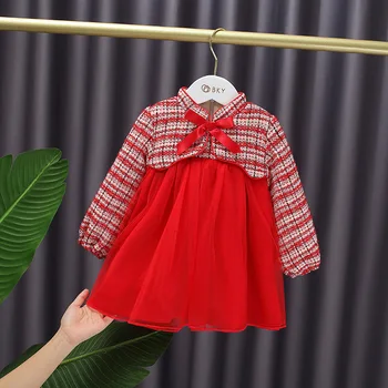 

Chinese Style Winter New Years Girls Thick Fleece Plaid Patchwork Mesh Ball Gown Tutu Children Kids Party Cute Dress Vestidos