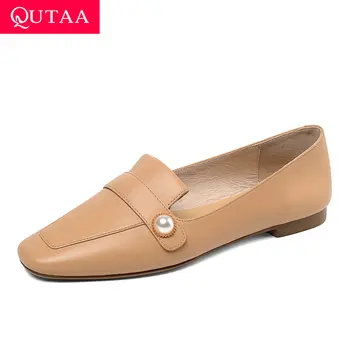 

QUTAA 2020 Square Low Heel Comfort Single Shoes Retro Square Toe Women Pumps Quality Sheepskin Slip on Women Shoes Big Size34-43