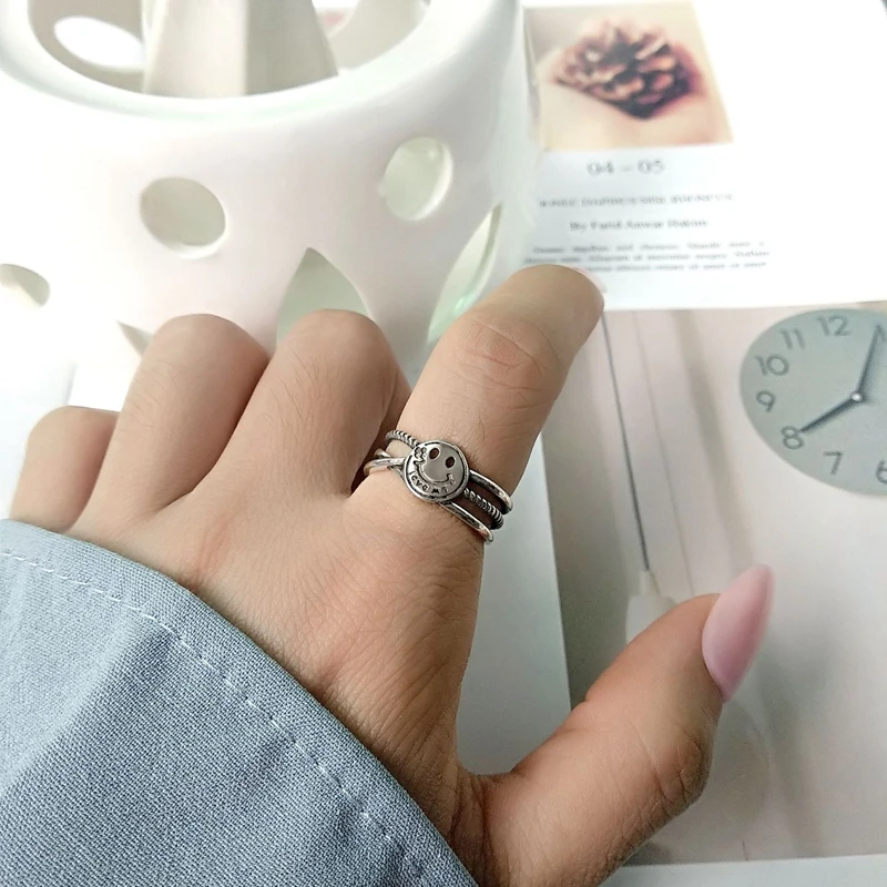 Silvology, 12 стилей, кольца со смайликом, Стерлинговое Серебро 925 пробы, винтажная цепочка, серия смайлов, креативные кольца для женщин, милые ювелирные изделия - Цвет камня: Rings-A