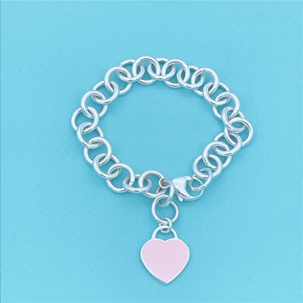 

TIF 925 sterling silver bracelet, pink original charm classic heart-shaped pendant jewelry. Classic logo, ladies gift