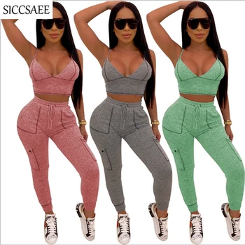 

Summer Deep V Neck Crop Top And Pants Bodycon Bandage Outfits Backless Sweatsuit Two Piece Set Activewear Sexy Casual Bodysuit