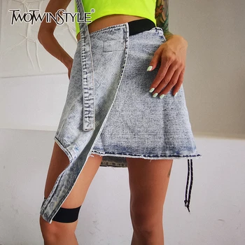 

TWOTWINSTYLE Casual Asymmetrical Women Skirt High Waist Irregular Hem Sexy Denim Skirts For Female Fashion 2020 Summer Clothes