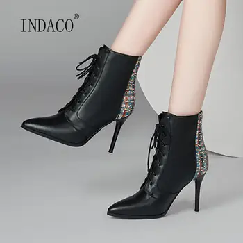 

2020 New Women Boots High Heels Warm Winter Boots Cross Striped Thin Heel Ankle Boots For Women Pointed Toe White Plus Size 43