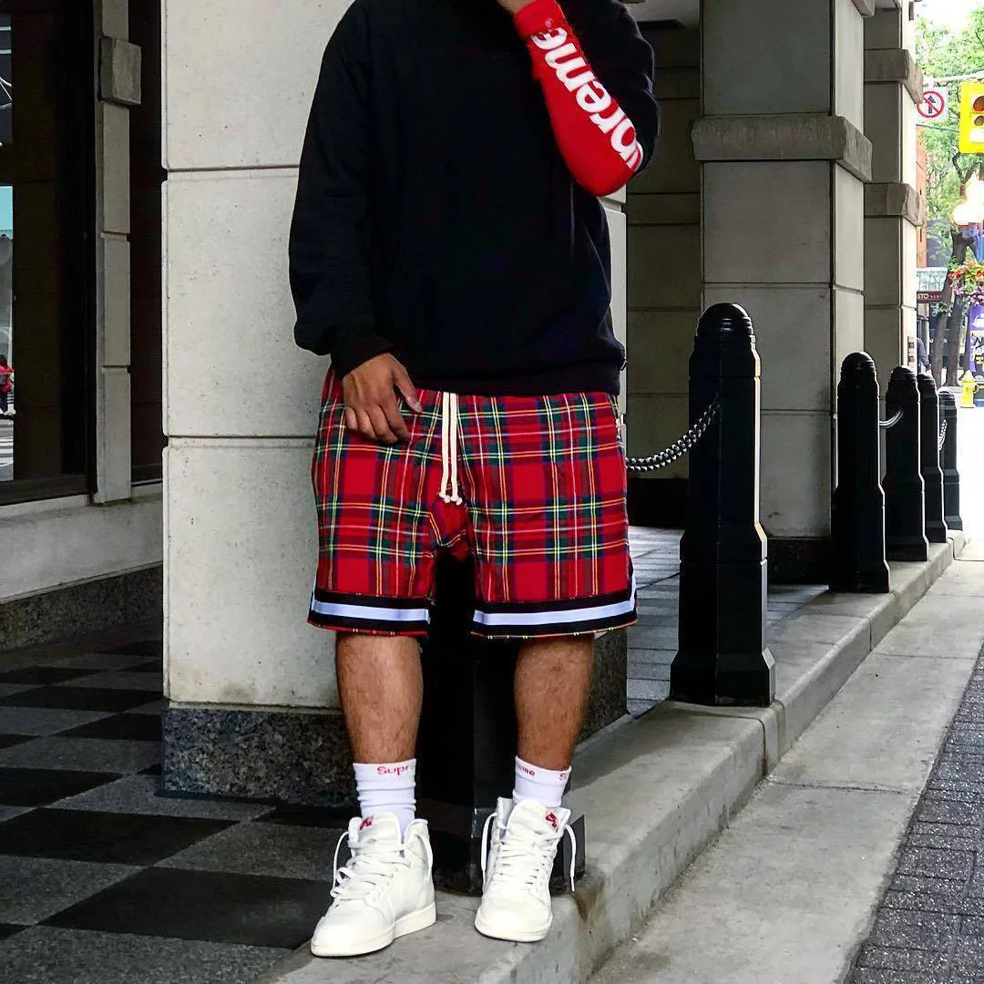 Pantaloncini scozzesi scozzesi da uomo pantaloncini larghi oversize  Streetwear Mesh Tartan Drop cavallo Shorts uomo Zip laterale Stretch  lunghezza al ginocchio|Casual Shorts| - AliExpress