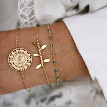 3 шт./компл. Для женщин модные Браслеты драгоценные камни бисер лист в виде геометрических фигур подвеска на золотой цепочке браслет комплект в богемном стиле ретро пляжные шорты мужские ювелирные изделия