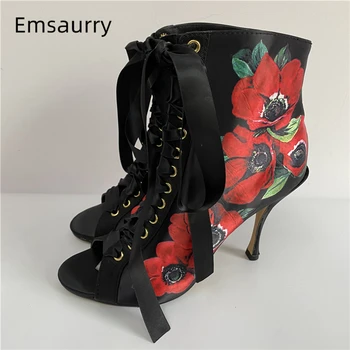 

Women Size 40 Printed Flower High Shoes Woman Sexy Peep Toe Cross-tied Ribbons Stiletto Heel Real Leather Women Pumps