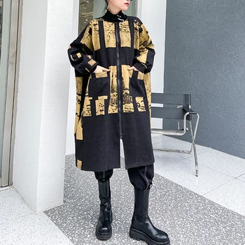 

SeeBeautiful Large Size Overcoat O Neck Long Sleeve Zipper Patch Pockets Printed New Fashion 2020 Autumn Winter Women M133