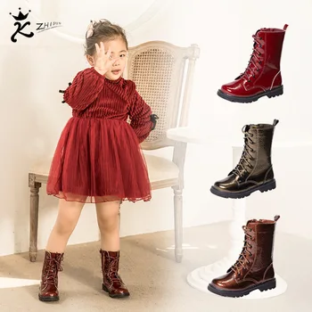 

2020 Autumn Kids High Boots For Girls Fashion Long Warm Boots Children's Motorcycle Boots Martin Boots Black Patent leather
