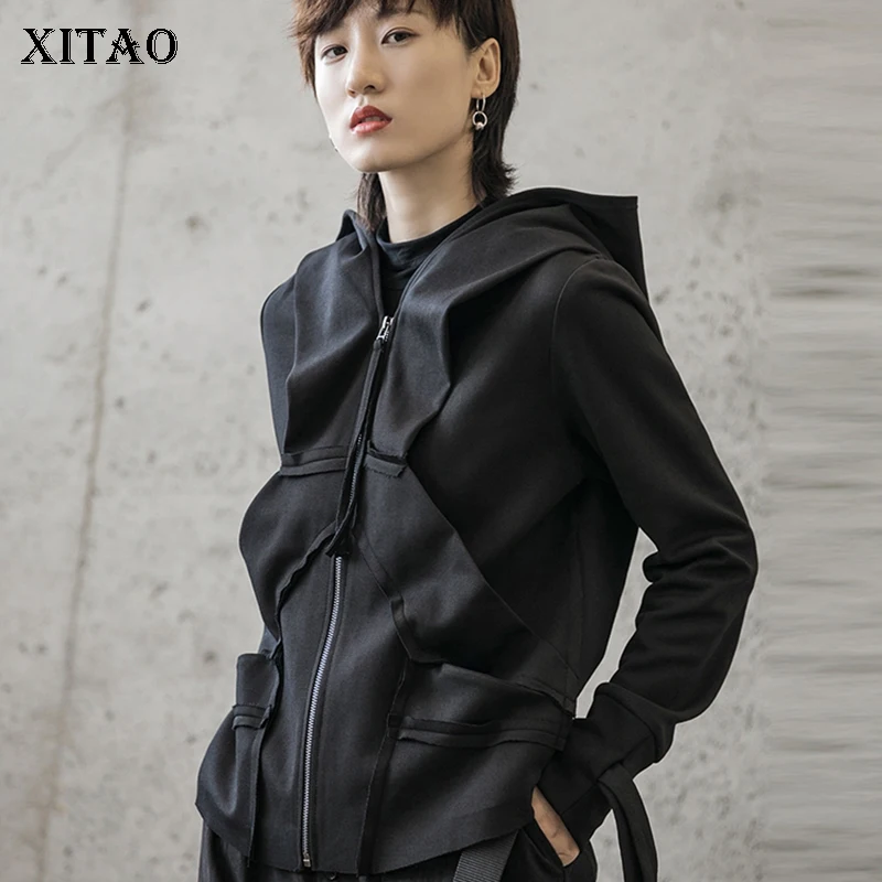 

XITAO Slim Black Hoodies Women Korea Fashion New Pleated Pocket Drawstring Elegant 2019 Autumn Wind Cold Casual Hoodies GCC1340