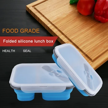 

Lunch Box Silicone Two Lattice Folding Foldable Portable Food Storage Container Eco-Friendly Fresh Keeping Cutlery Box