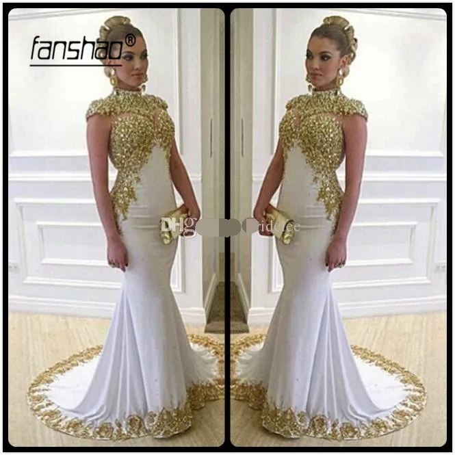 Wit Moslim Avondjurken Mermaid Gold Applicaties Kralen Ruches Illusion Dubai Saudi Arabische Avondjurk Prom Dress Wit Moslim Avondjurken Mermaid Gold Applicaties Kralen Ruches Illusion Dubai Saudi Arabische Avondjurk Prom Dress