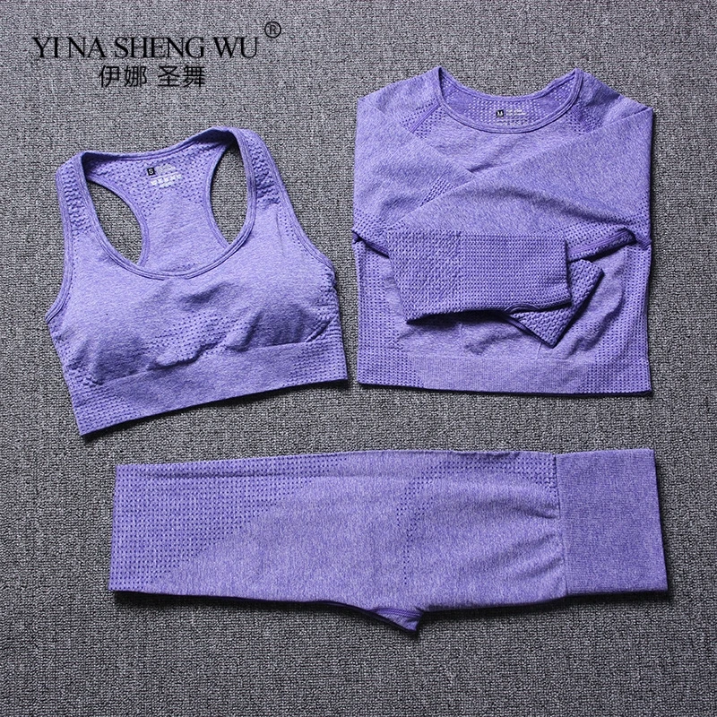 

3Pcs Set Seamless Bra Pants Women Workout Sportswear Gym Clothing Fitness Long Sleeve Top High Waist Leggings Sports Suits Adult