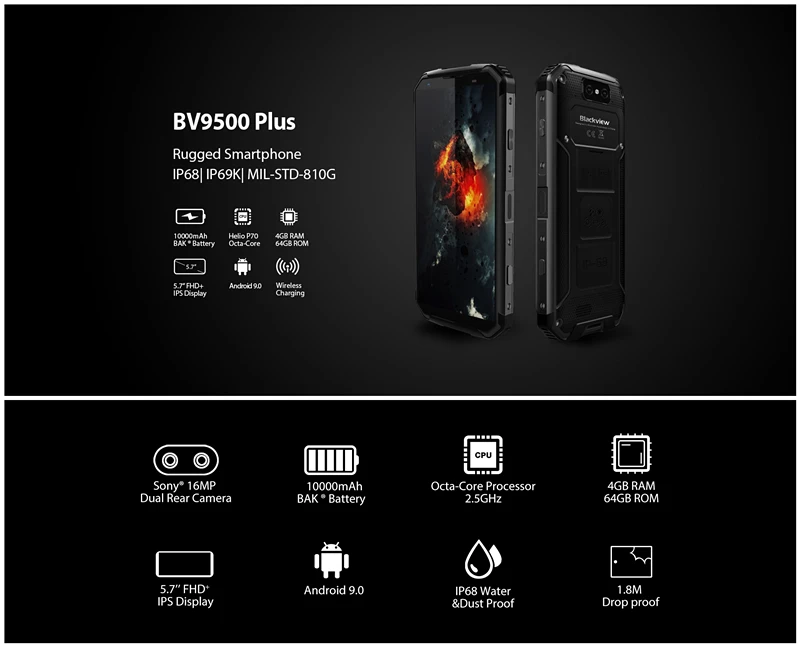 Мобильный телефон Blackview BV9500 Plus, Android 9,0, четыре ядра, 5,7 дюймов, Helio P70, 4 Гб ОЗУ, 64 Гб ПЗУ, IP68, водонепроницаемый, 4G, смартфон, NFC, OTG