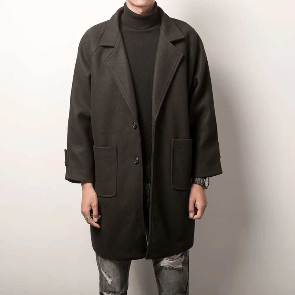 Men's windbreaker autumn/winter new medium-long style thickened windbreaker loose casual lapel youth male wear Wool Coat