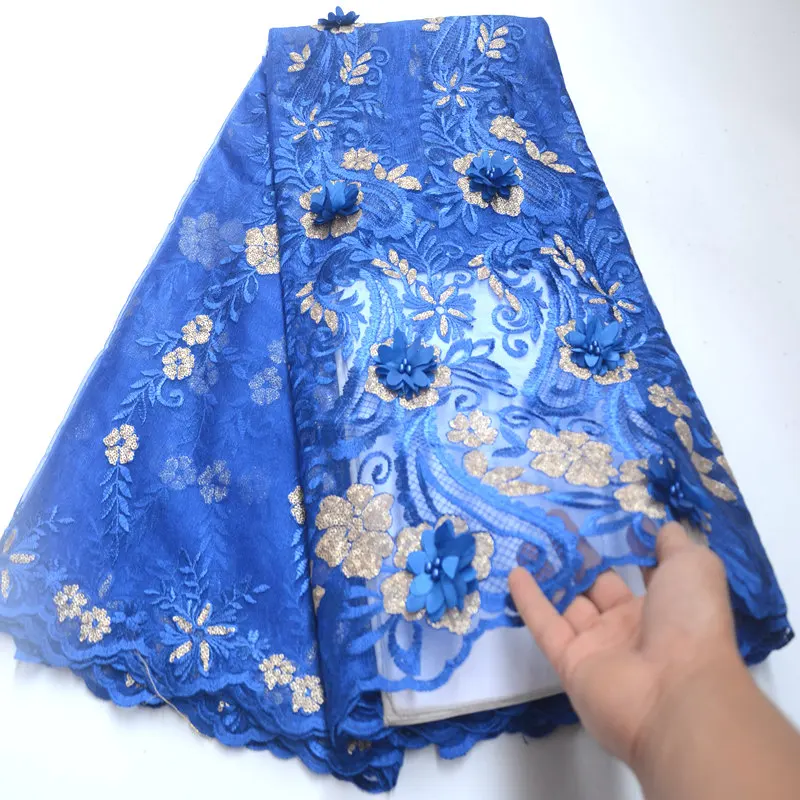

2019 Latest African Net Lace Fabric, High Quality 3d Sequins Nigerian Wedding Lace Fabrics 5Yards Beaded French Tulle lace DG394